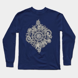 Cream Floral Moroccan Pattern on Deep Indigo Ink Long Sleeve T-Shirt